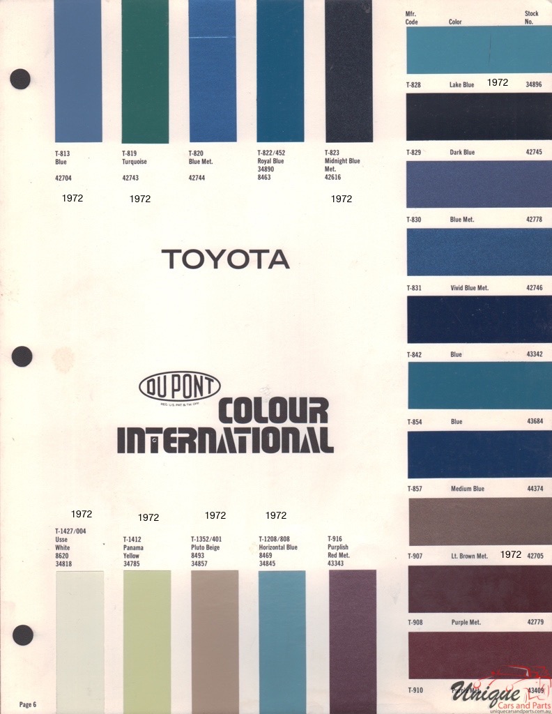1972 Toyota International Paint Charts DuPont 6